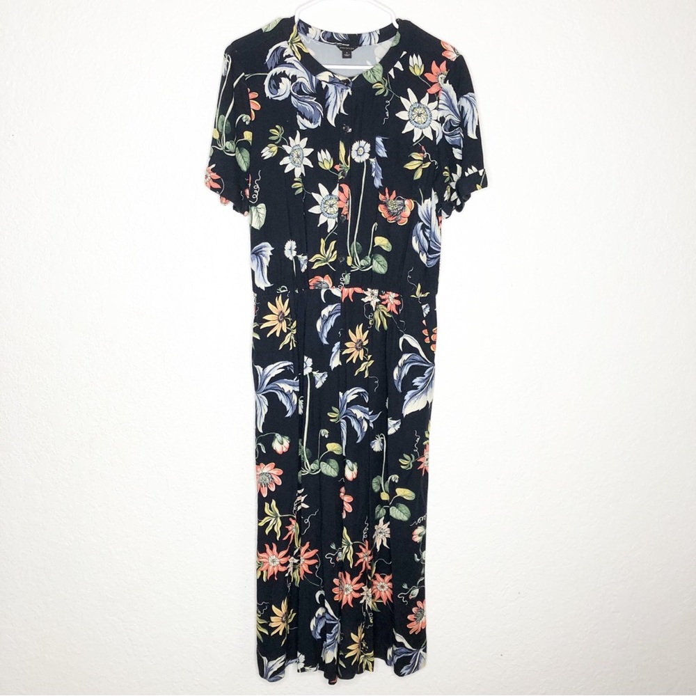Ann Taylor navy blue yellow orange floral wide leg jumpsuit size 10